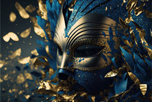 Blue And Yellow Carnival Mask With Glitter On A Background Of Gold Foil, Confetti And Streamers