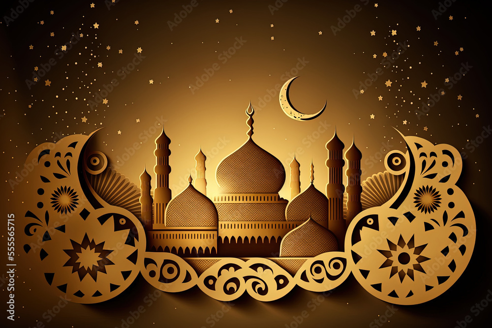 Islam New Year Paper with Mosque and Stars. Generative AI