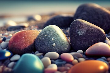 Wall Mural - Sunset on the beach and Colorful pebbles 