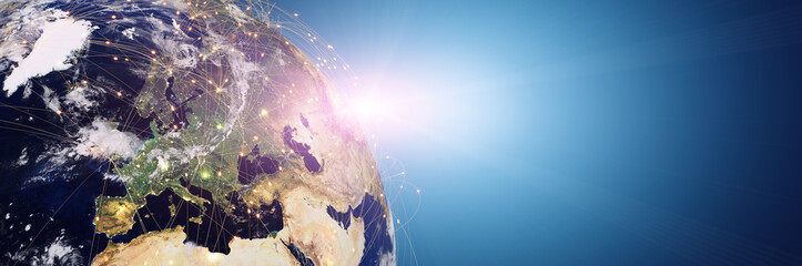 Wall Mural - Globalization and communication concept. Earth and luminous rays. 3d rendering