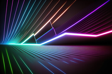 Wall Mural - of a dark backdrop and RGB neon lighting. At night, abstract laser lines are visible. Scene of an ultraviolet beam for a mock up and a web banner. Generative AI