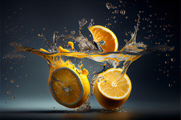 Poster - lemon and lemone slices falling into a water splash