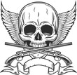 Vintage skull with wings, ribbon and crossed sawn-off shotgun monochrome isolated illustration