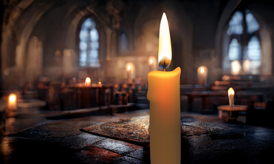 Candles glowing in a dark catholic church. 3D illustration.