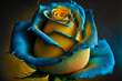 Beautiful blue and yellow rose in realistic painting art style, close up view	