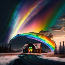Rainbow Road. Snowy Cottage Under Rainbow Aurora At A Curve In The Highway.  [Digital Art Painting. Sci-Fi / Fantasy / Historic / LGBT Background. Graphic Novel, Postcard, Or Product Image.]
