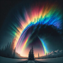 Rainbow Road. Rainbow Aurora Rising Over A Winter Forest Highway.  [Digital Art Painting. Sci-Fi / Fantasy / Historic / LGBT Background. Graphic Novel, Postcard, Or Product Image.]