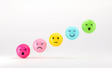 Set of emoji emoticons with sad and happy mood, evaluation, Increase rating, Customer experience, Satisfaction and best excellent services rating concept, Customer service evaluation. 3d render.