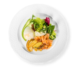 Poster - Fish dish - fried fish fillet with vegetables on white background