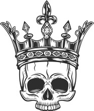 Skull Without Jaw In Royal Crown In Vintage Monochrome Style Isolated Illustration