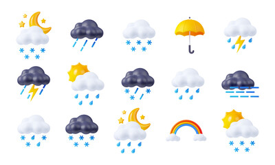 3d render weather icons set, day or night elements. sun shining, clouds, lightnings, snow or rain, r