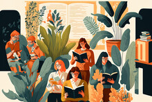 Books Images Events From Book Week. A Group Of Men And Women Reading And Discussing Books And E Books On Tablets While Seated And Surrounded By Plants In Modern Flat Graphics Of Readers. Generative AI