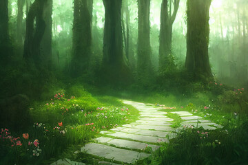 Stone Pathway through a Romantic Fairy Forest. [Digital Art Painting. Sci-Fi / Fantasy / Historic / Horror Background. Graphic Novel, Postcard, or Product Image.]