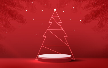 Wall Mural - Podium shape for show cosmetic product display for Christmas day or New Years. Stand product showcase on red background with tree christmas. vector design.