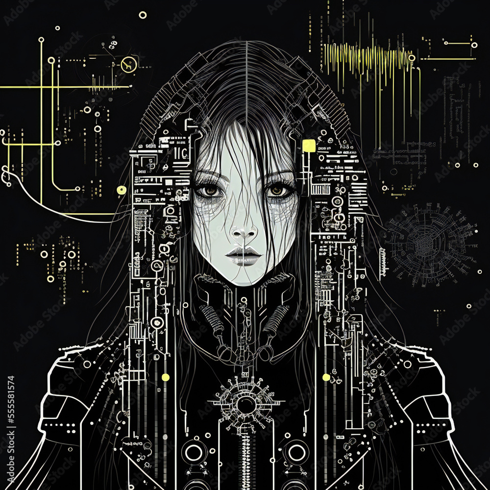 Illustrazione stock di Cyberpunk Girl with Yellow and White Computer ...