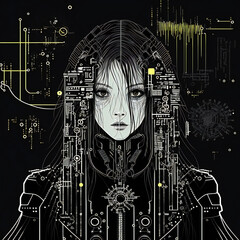 Cyberpunk Girl with Yellow and White Computer Schematics behind Her and on Her Face.[Digital Art Anime Drawing, Sci-Fi Fantasy Horror Background, Graphic Novel, Postcard, or Product Image]