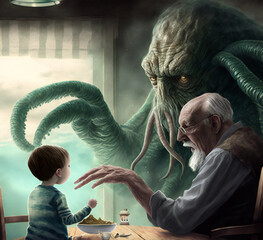 Three Generations of Cthulhu at the Breakfast Table. Horror Scene. [Digital Art Painting. Sci-Fi / Fantasy / Historic / Horror Background. Graphic Novel, Postcard, or Product Image.]