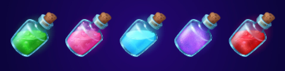 Poster - bottles with magic potions, elixirs, drinks and poisons. glass jars with corks, flasks with colored 