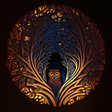 A Night Owl In Swirling Circle Of Moonlit Forest. [Digital Art, Papercraft. Sci-Fi Fantasy Horror Background, Graphic Novel, Postcard, Or Product Image]