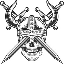 Vintage Viking Horned Skull In Helmet With Crossed Swords Through The Eyes In Monochrome Style Isolated Illustration