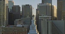 San Francisco California Aerial v163 dramatic dynamic zoom in effect capturing downtown cityscape at sunset with famous ferry building clock tower in the center - Shot with Mavic 3 Cine - June 2022
