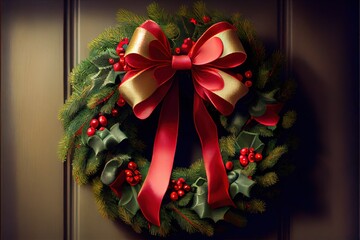 Poster -  a christmas wreath with a red bow and holly berries on it hanging on a door with a red ribbon. Generative AI