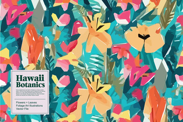 Tropical flowers, jungle leaves. Beautiful vector floral pattern background.