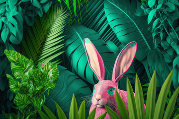 Sticker - Easter themed nature backdrop. Tropical palm leaves are green and have pink Easter bunny ears. abstract jungle or woodland composition in the early spring. current fashion. Generative AI