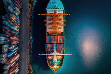 Using a deep sea Mediterranean container ship, a huge cargo logistic is transported all over the world, including Asia Pacific and Europe. Drone taken picture of an aerial scene. Generative AI