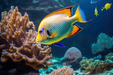 Wall Mural - a picture of a tropical fish on a reef. Generative AI