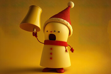 Character mascot of a snowman wearing a Santa Claus cap with a red vintage megaphone on a yellow background. Generative AI