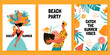 Beach party vector card or flyer template set. Catch the summer vibe concept with funny characters and tropical fruits. Flat style illustration