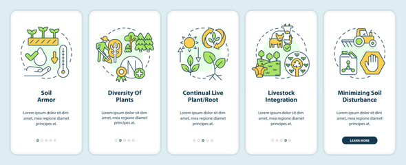 Principles of regenerative farming onboarding mobile app screen. Walkthrough 5 steps editable graphic instructions with linear concepts. UI, UX, GUI template. Myriad Pro-Bold, Regular fonts used