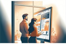 4K Resolution Or Higher, Illustration Of A Man And Women Using A Big Screen To Edit Document. Generative AI Technology