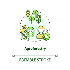 Agroforestry concept icon. Forest system. Regenerative agriculture technique abstract idea thin line illustration. Isolated outline drawing. Editable stroke. Arial, Myriad Pro-Bold fonts used