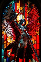 Wall Mural - 4K resolution or higher,  Stained glass, battle angel with afire sword. Generative AI Technology