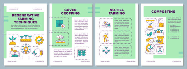 Regenerative farming techniques green brochure template. Leaflet design with linear icons. Editable 4 vector layouts for presentation, annual reports. Arial-Black, Myriad Pro-Regular fonts used