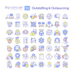 Sticker - Outstaffing and outsourcing RGB color icons set. Hiring employees. Human resources. Isolated vector illustrations. Simple filled line drawings collection. Editable stroke. Quicksand-Light font used