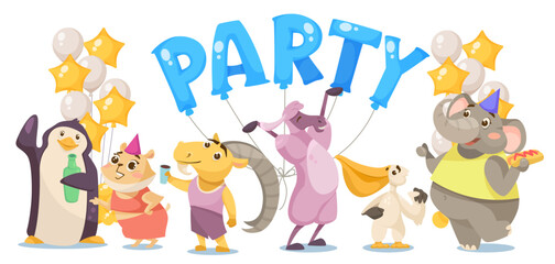 Wall Mural - happy wild animal characters at party vector illustration. cartoon drawings of comic mammals celebra