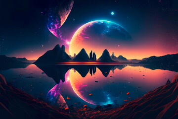 fantasy night landscape with abstract islands and night sky with space galaxies.