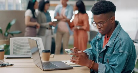 Sticker - Phone, laptop and creative man in the office networking on social media, mobile app and the internet. Technology, planning and African male marketing employee doing research and working on a project.