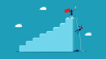Cut business competitors. Cut the rope of a businessman who climbs the stairs vector