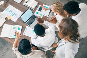 Collaboration, documents and financial with a business team working together in an accounting office from above. Meeting, data and finance planning with a man and woman accountant group at work