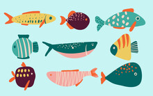 Collection Of Vector Hand Drawn Cute Fishes In Flat Style