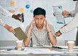 © J Bettencourt/peopleimages.com - Stress, overworked and headache with businessman multitasking audit, schedule and compliance. Challenge, accountability and mental health with asian employee for burnout, frustrated and deadline