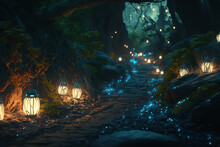 Beautiful Walking Path With The Stone At Night Time Enchanted Forest With Beautiful Lighting And Fireflies.