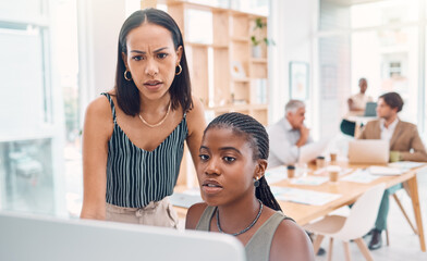 Poster - Office, black woman team and confused with laptop, 404 glitch or mentor for help, IT or advice. Startup, women and support for computer error, information technology or teamwork at marketing agency