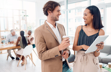 Poster - Business people, research tablet and talking in office discussing sales project. Teamwork, coffee and man and woman with touchscreen planning advertising or marketing strategy in company workplace.