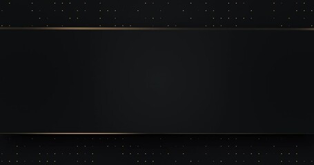 4k black luxury frame with golden dynamic spots. Horizontal stripe ribbon. Shimmers bokeh dots background. Dark elegant festive abstract. Premium 3d deluxe line border template. Sale ad Friday banner