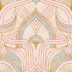 Artistic seamless pattern in art deco style with Asian tuch. Luxury elegant 1920s design for textile and wallpaper. Fabric print vector vintage illustartion.